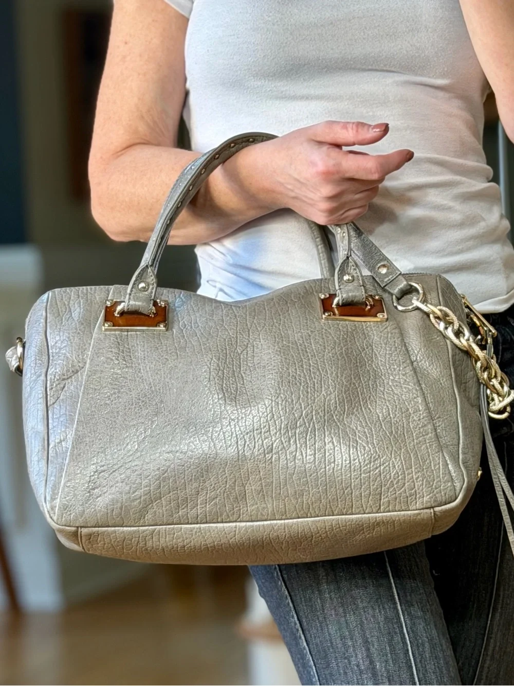 Elliott Lucca Leather Classic 2010s Albertine Metallic‎ Pewter Bag